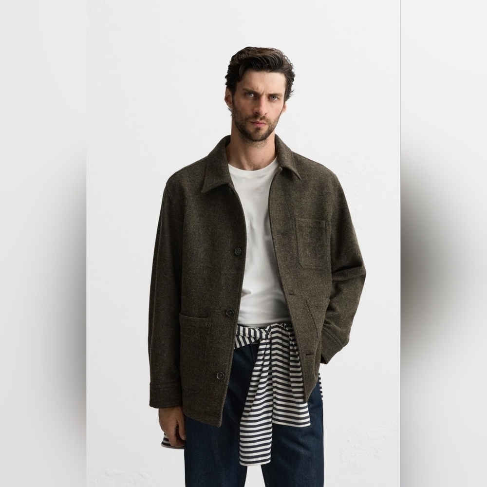 Zara Pockets overshirt Wool Men Jacket Green Button Down Lightweight size L‎